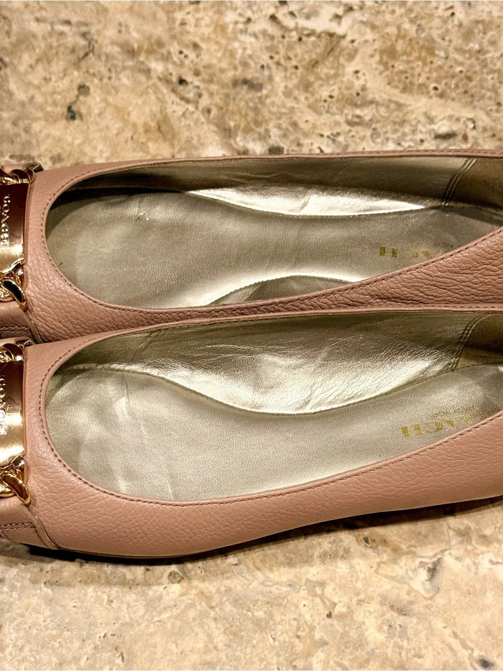 Coach Blush Pink Leather Ballet Flats with Gold Plaque